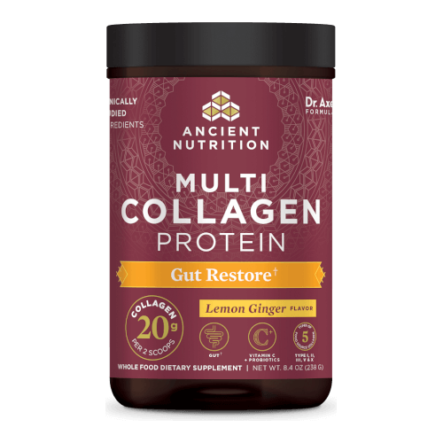 Ancient Nutrition Multi Collagen Protein Gut Restore Lemon Ginger 20 Servings Powder